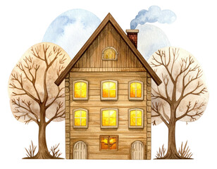 Cozy wooden house with warm, glowing windows, flanked by bare winter trees