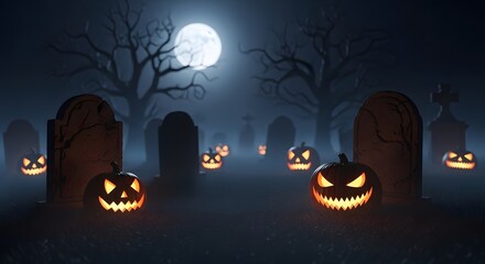 Spooky Halloween Graveyard with Glowing Jack-O'-Lanterns and Full Moon