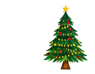 A decorated evergreen tree with a star on top, illuminated by festive lights