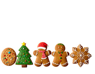 Festive holiday cookies gingerbread people, tree, snowflake, and decorated round cookie