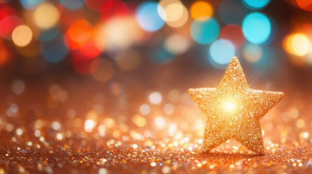 Golden stars shine elegantly on a shimmering surface, creating a warm and festive atmosphere perfect for celebrating the holiday season. The sparkling backdrop enhances their beauty
