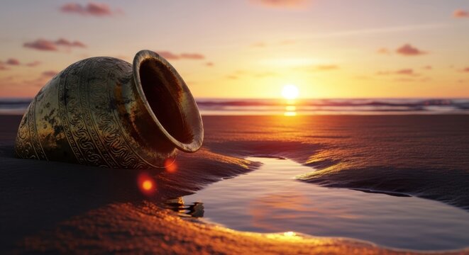 Golden ancient pot lies on dark sand beach at vibrant sunset creating mystical scene