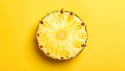 A cross-sectional slice of a pineapple showing its fibrous yellow flesh and central core, with greenish-brown spiky skin around the edge, set against a vibrant yellow background