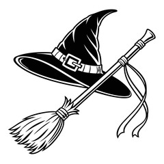 Witch hat and broom, a classic halloween icon