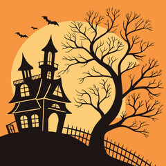 Spooky haunted house with bats flying in front of a full moon background