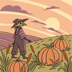 Whimsical scarecrow standing guard over a pumpkin patch at sunset