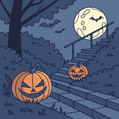 Spooky halloween night scene with pumpkins, bats, moon, and stairs