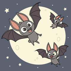 Cute cartoon bats flying in the night with moon for halloween holiday