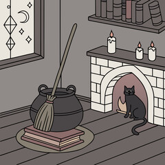 Cozy witchs room with fireplace, cauldron, and black cat illustration