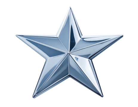A glossy, five-pointed metallic star with sharp edges and reflective surfaces