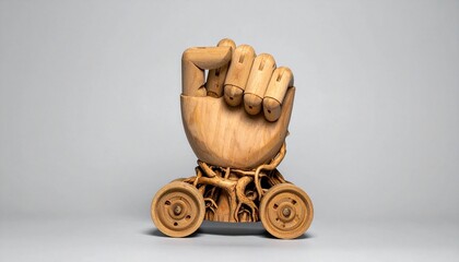 A surreal sculpture featuring a wooden fist mounted on a base of intertwined root-like tentacles, connected to two wagon wheels, set against a neutral gray background