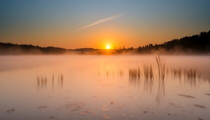 Obraz premium Sunrise over misty lake with golden reflections 
