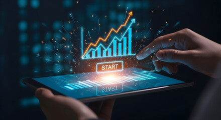 Analyzing rising financial data on tablet screen, starting business success