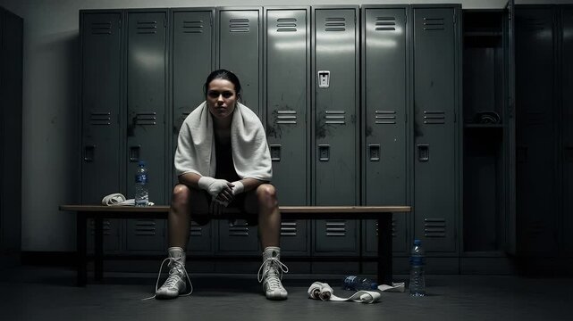 Boxer resting in locker room preparing for contest before boxing match