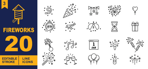 Fireworks line Editable Icons set. Vector illustrations in a modern, thin line style of celebration related icons: party blower, party popper, countdown timer, dan more.
