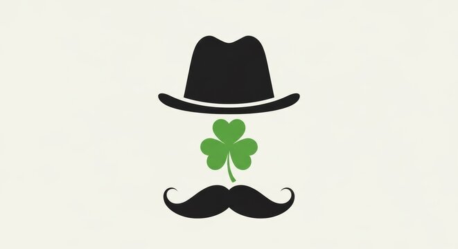 Stylized Black Hat Green Shamrock Mustache Minimalist Design for St Patricks Day Irish Holiday Celebration