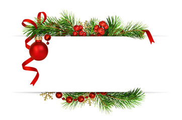 Decorative green twigs of Chrismas tree and red decorations with empty space for text isolated on white or transparent background