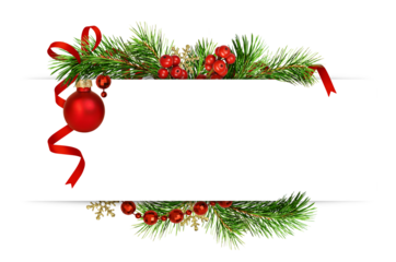 Decorative green twigs of Chrismas tree and red decorations with empty space for text isolated on white or transparent background