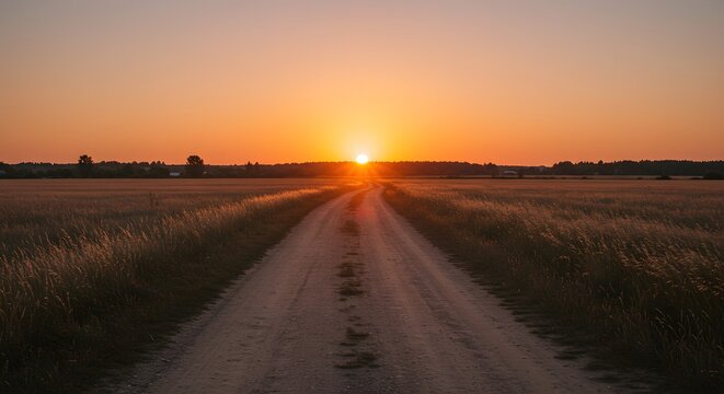 A dirt road leads toward a bright orange sunrise over a golden field