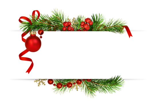 Decorative green twigs of Chrismas tree and red decorations with empty space for text isolated on white or transparent background