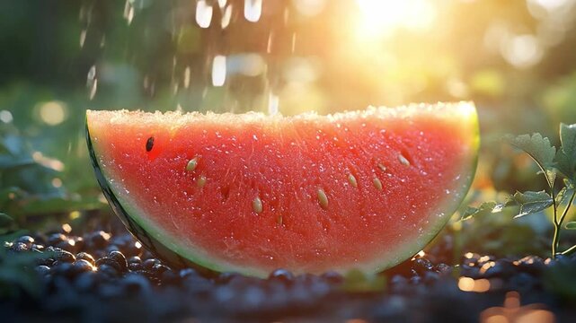 A Refreshing Slice: A juicy slice of watermelon is doused by droplets, set against the warm light and lush nature. Capture the freshness and essence of summer in a single image.