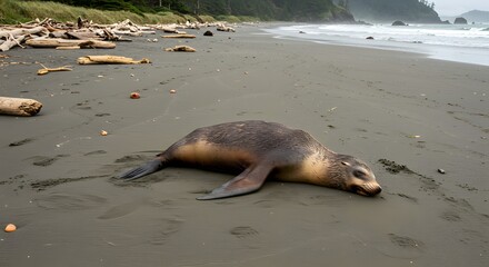 A resting sea lion on a sandy shore with driftwood under an overcast sky