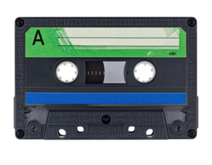 Vintage audio cassette tape with a blank label and green stripe