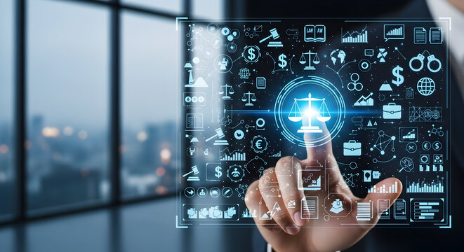 Law concept with digital interface and modern icons, legal technology