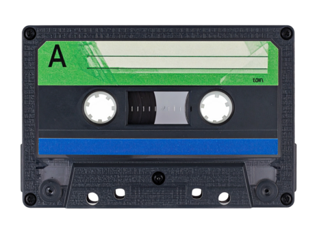 Vintage audio cassette tape with a blank label and green stripe