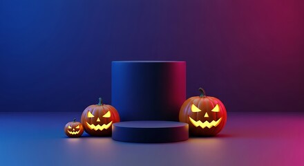 Spooky Halloween Podium Display with Glowing Pumpkins