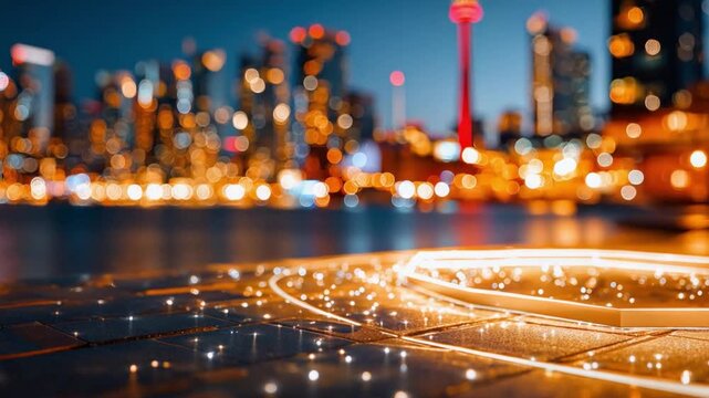 City Lights and Digital Threads: Abstract view of city lights, complimented with digital fiber optic threads on the foreground. Perfect for technology and future based concept. 