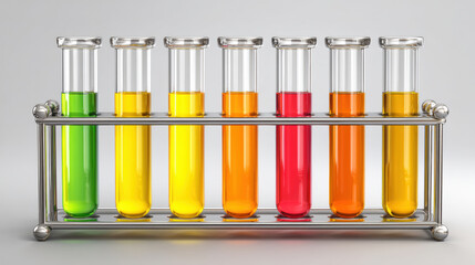 Test Tubes in Rack, A minimalist 3D icon of a test tube rack with several tubes filled with colorful liquids. Isolated on a seamless, solid light gray background.