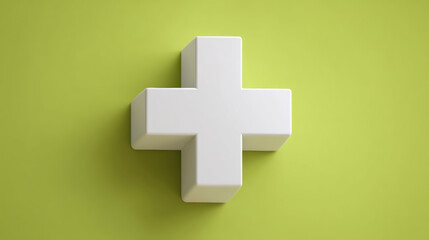 Obraz premium Medical Plus Sign, A minimalist 3D icon of a clean, white medical plus sign. Isolated on a seamless, solid light green background. Health and wellness symbol. 