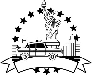 black and white A taxi is driving in front of the Statue of Liberty