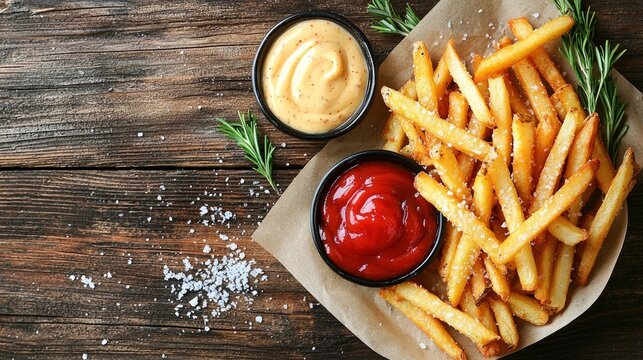 Golden Crispy French Fries with Ketchup and Dip on Wooden Table.