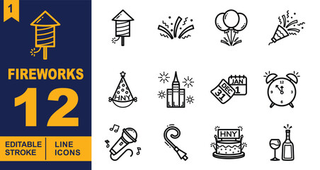 Fireworks line Editable Icons set. Vector illustrations in a modern, thin line style of fireworks related icons: firecracker, confetti, balloons, party blower, party hat, cityscape,  and more.