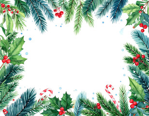 Festive green boughs adorned with red berries and candy canes, framing black