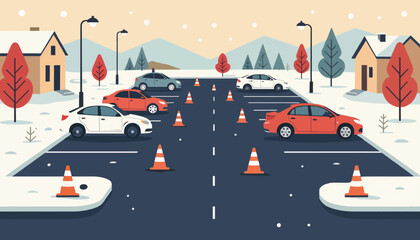 Driving school practice course in winter. Cars maneuvering around traffic cones for a driver's test. Flat design vector illustration