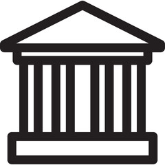Black Outline Icon of a Classical Building with Columns and a Pediment on a Transparent Background