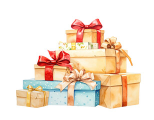 A festive stack of artistically wrapped presents tied with colorful ribbons