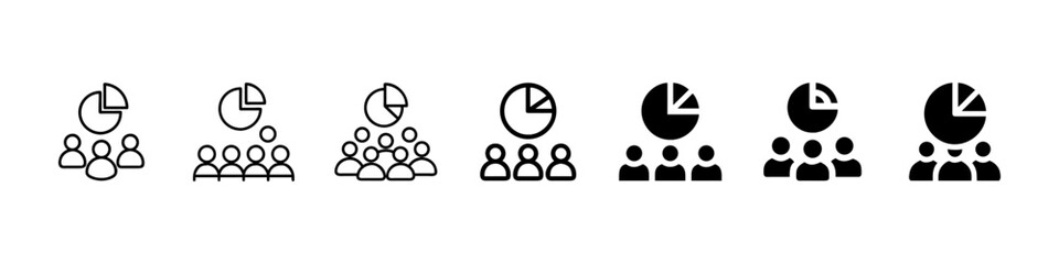 Collection of group and team pie chart icons, business team analytics, people statistics, teamwork data symbols, outline and filled styles