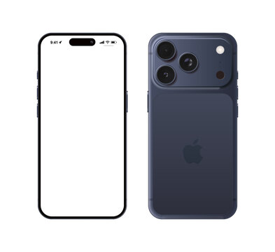 Mockup of iPhone 17 Pro Max in Deep Blue case with white blank screen on light background.