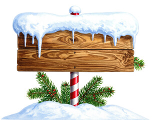 Snowy wooden signpost adorned with festive green branches and red berries