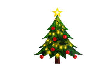 A festive green fir tree adorned with glowing lights and red baubles, topped by a bright star