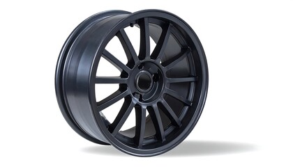 Obraz premium A matte black alloy wheel on a white background, angled towards the viewer