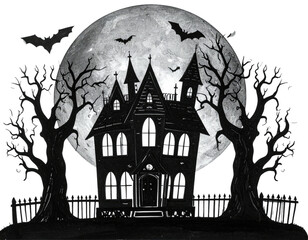 Spooky mansion silhouetted against a full moon with bats flying