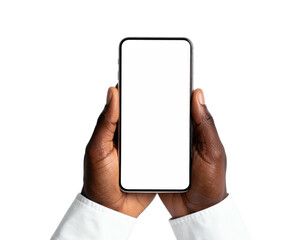 Person holding a modern smartphone with a blank screen against a dark background