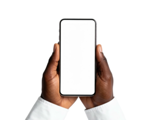 Person holding a modern smartphone with a blank screen against a dark background