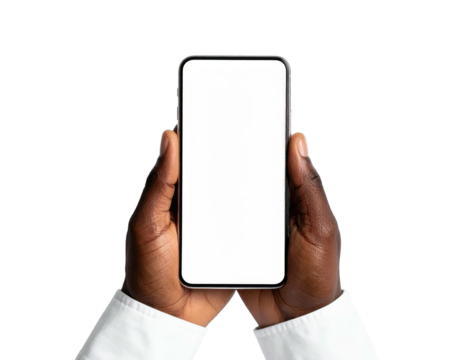 Person holding a modern smartphone with a blank screen against a dark background