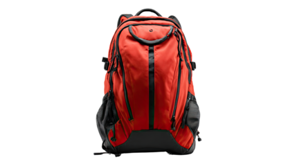 Bright red backpack with black accents featuring modern travel style durable fabric and practical zipper compartments isolated on white background
